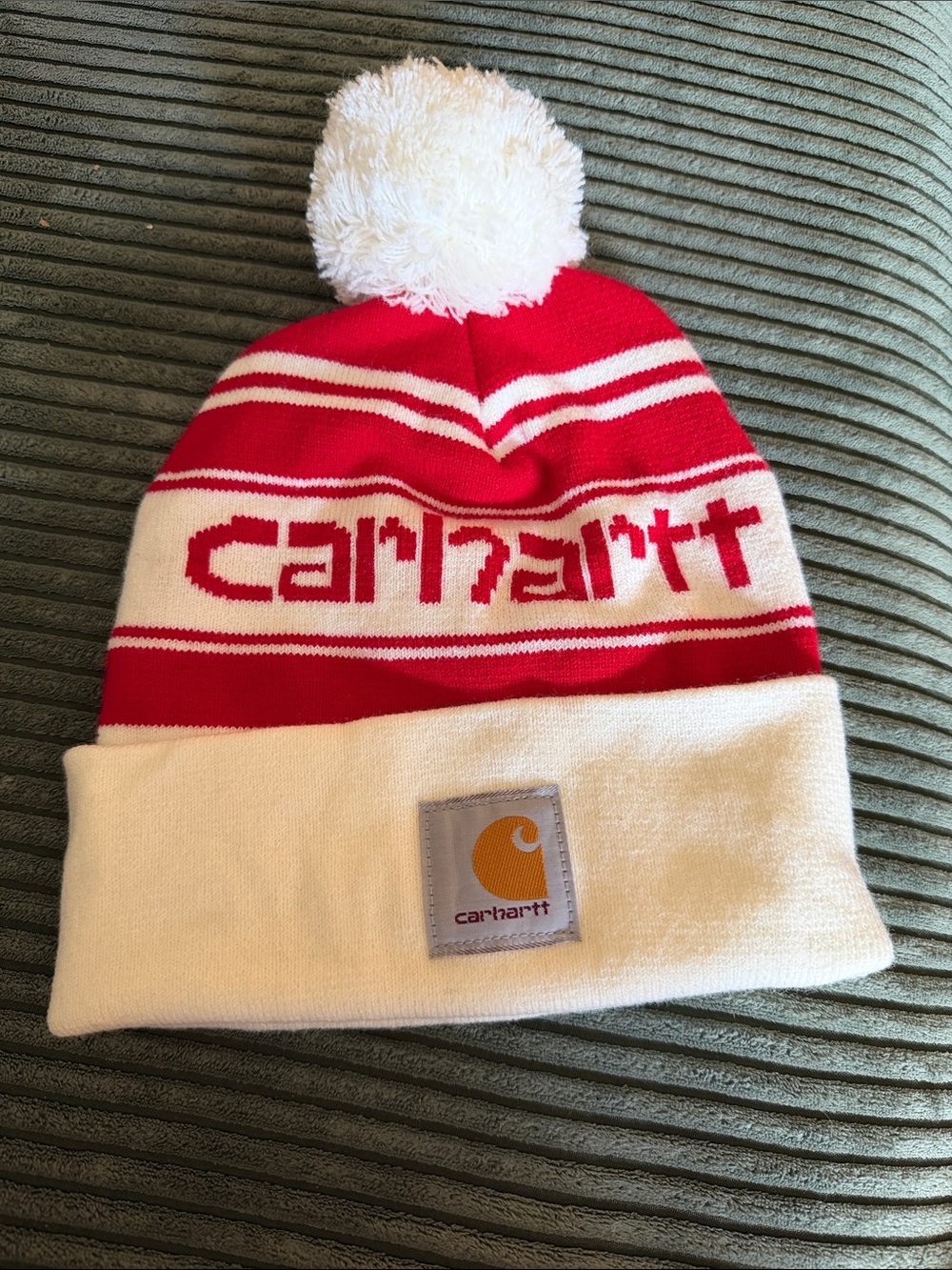 Carhartt Red and White Pom Beanie with Logo Patch